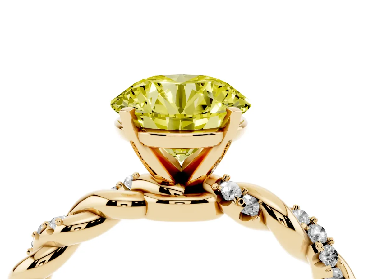 Fancy Yellow Round Cut Diamond Solitaire Ring with Twisted Band and Pavé Accents Yellow gold