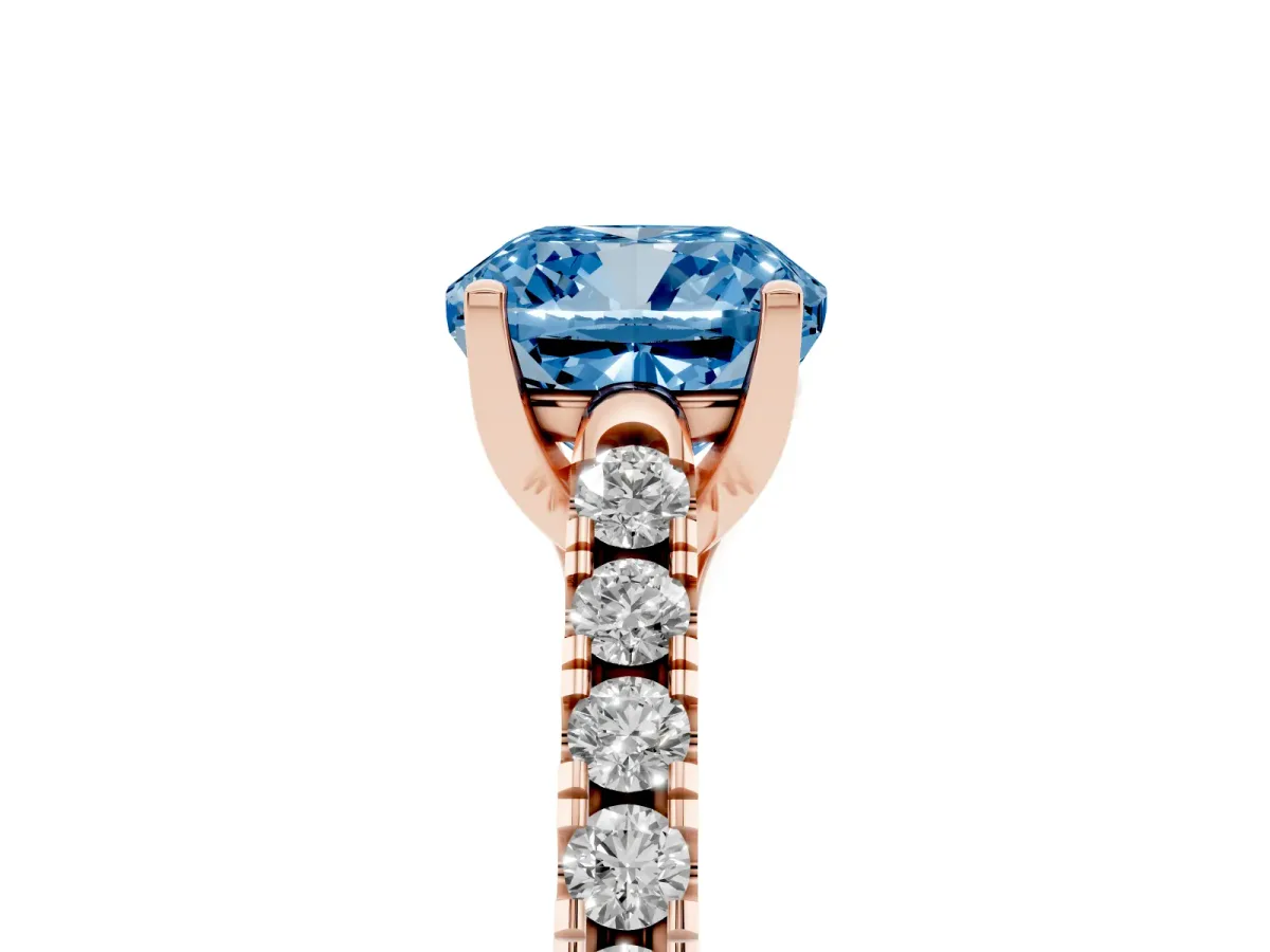 Fancy Blue Cushion Cut Diamond Pavé Band Solitaire Ring with Prong Setting Rose gold