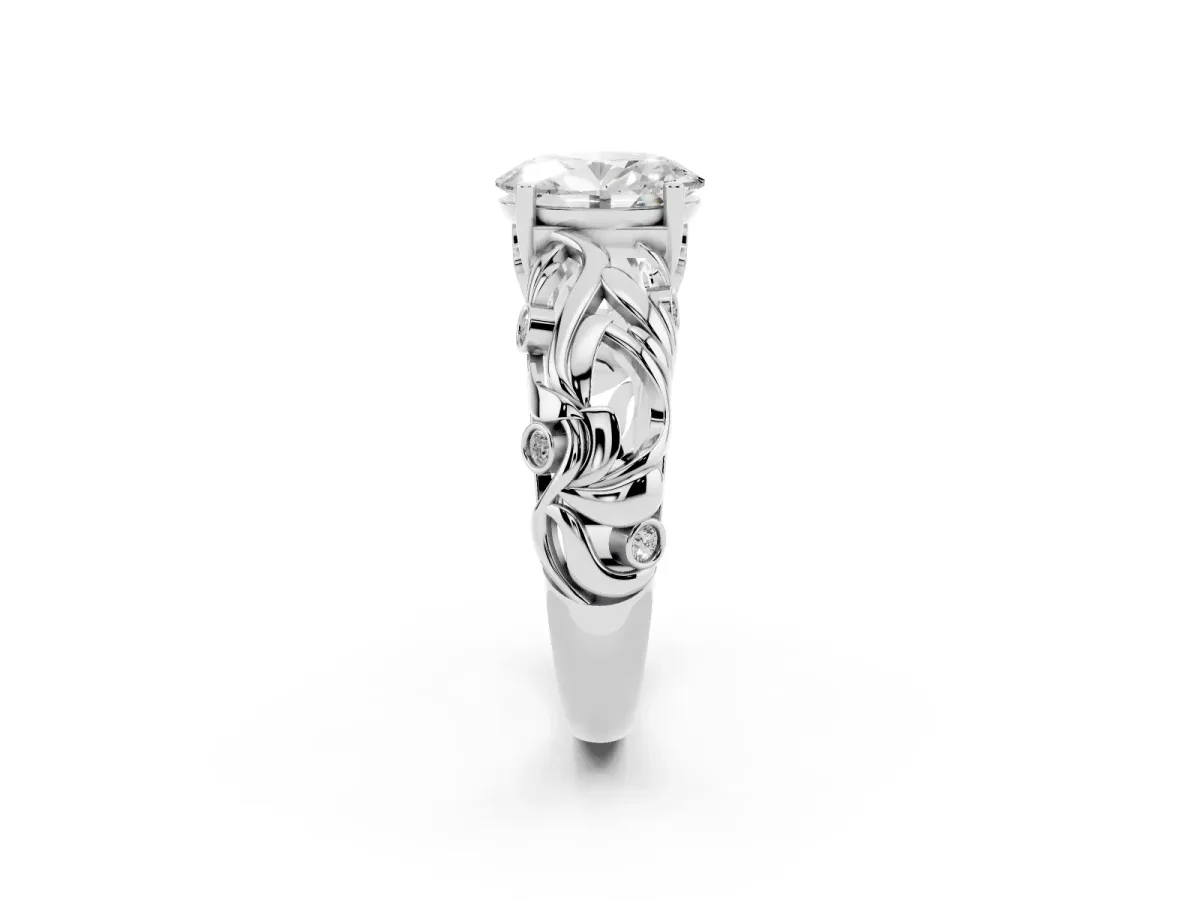Oval Cut Solitaire Diamond Leaf-Inspired Vine Band Ring with Prong Setting Platinum