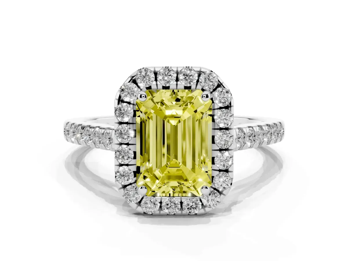 Fancy Yellow Emerald Cut Halo Pave Diamond Engagement Ring with Four-Prong Setting Silver