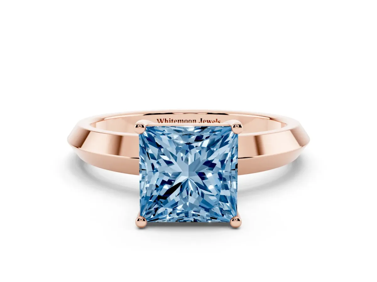 Fancy Blue Princess Cut Cut Solitaire Engagement Ring with Flat Band and Four-Prong Setting Rose gold