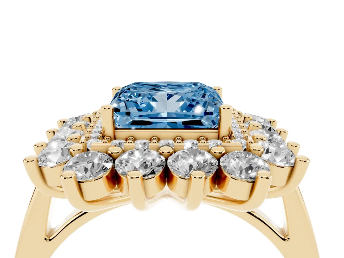 Fancy Blue Princess Cut Diamond Floral Double Halo Engagement Ring with Prong Setting Yellow gold