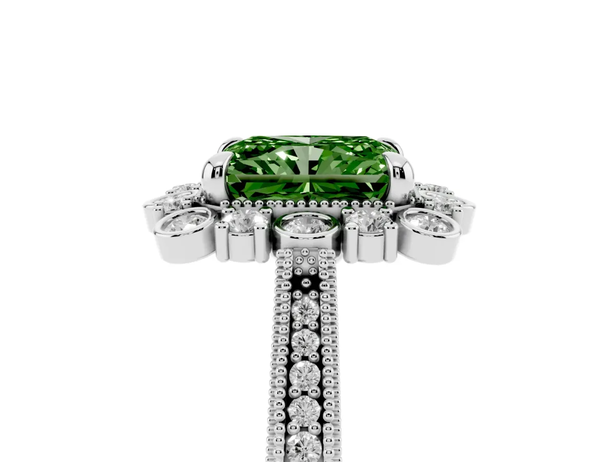 Fancy Green Radiant Cut Halo Milgrain Pave Diamond Ring with Four-Prong Setting Silver