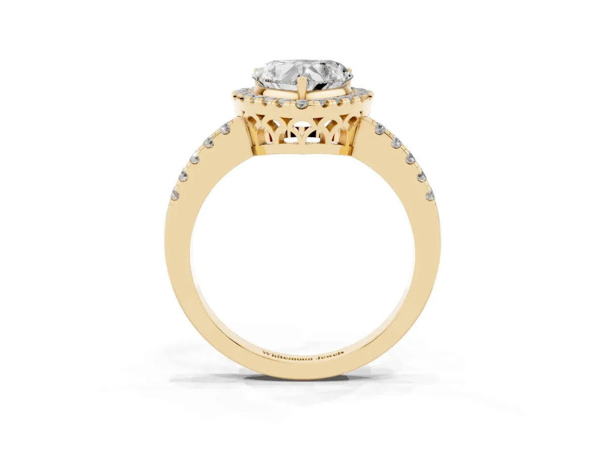 Heart Cut Halo Diamond Engagement Ring with Pavé Band and Four-Prong Setting Yellow gold