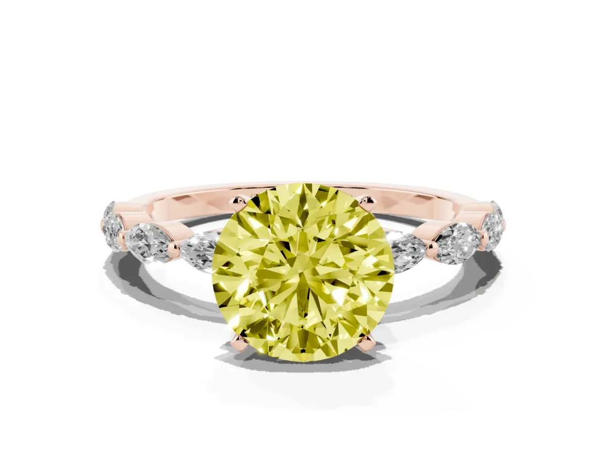 Fancy Yellow Round Cut Diamond Ring with Marquise Side Stones and Prong Setting Rose gold