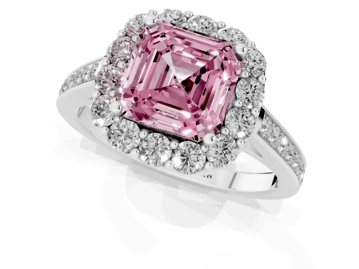 Fancy Pink Asscher Cut Diamond Floral Halo Ring with Pavé Band and Prong Setting Silver