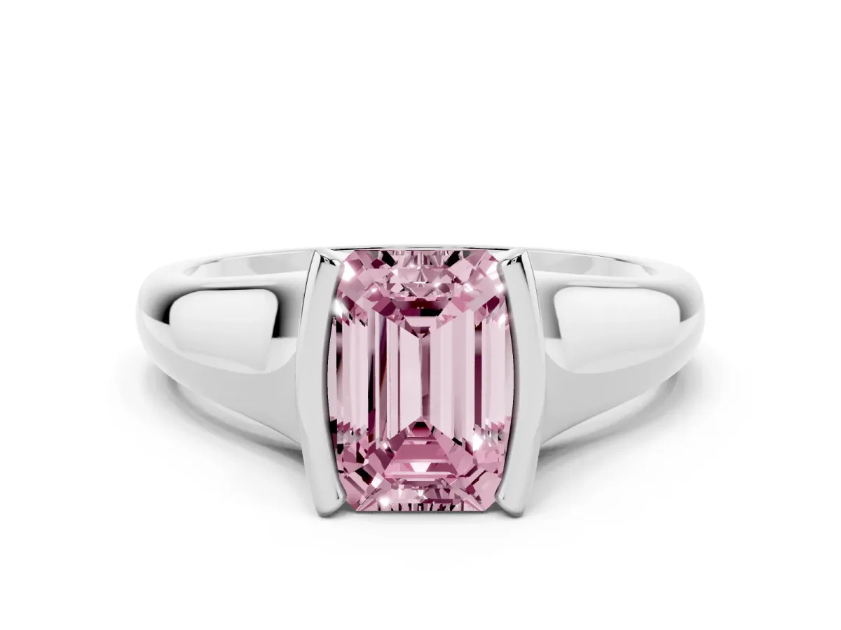 Fancy Pink Emerald Cut Solitaire Tension Set Diamond Ring with Split Shank Band Silver