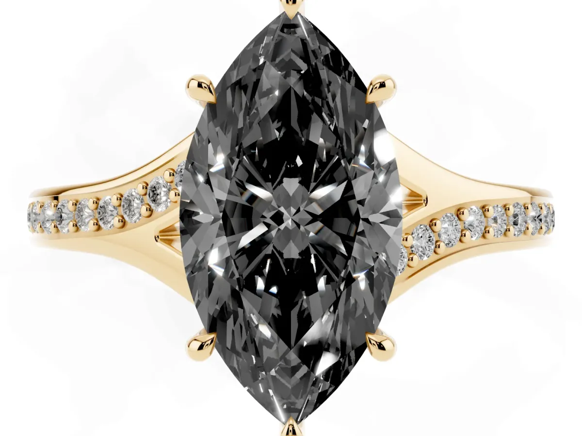 Fancy Black Marquise Cut Diamond Solitaire Ring with Pavé Band and Prong Setting Yellow gold