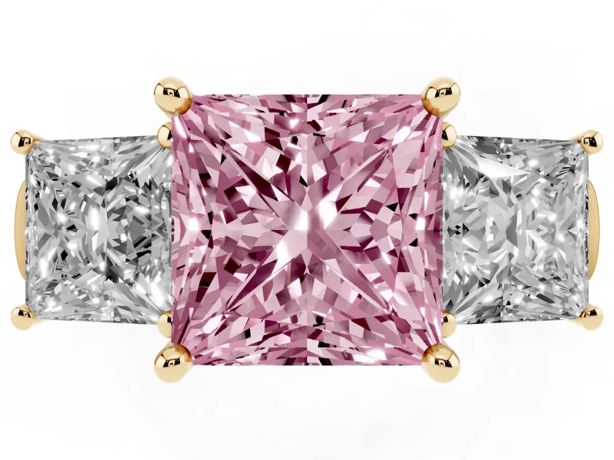 Fancy Pink Three-Stone Princess Cut Brilliant Diamond Trellis Ring with Comfort Fit Band Yellow gold