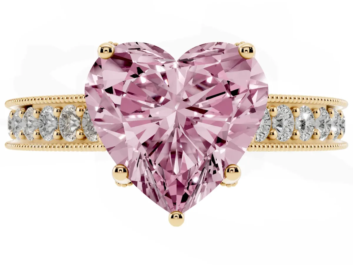 Fancy Pink Heart Cut Cut Diamond Solitaire Ring with Milgrain Pave Band and Four Prong Setting Yellow gold
