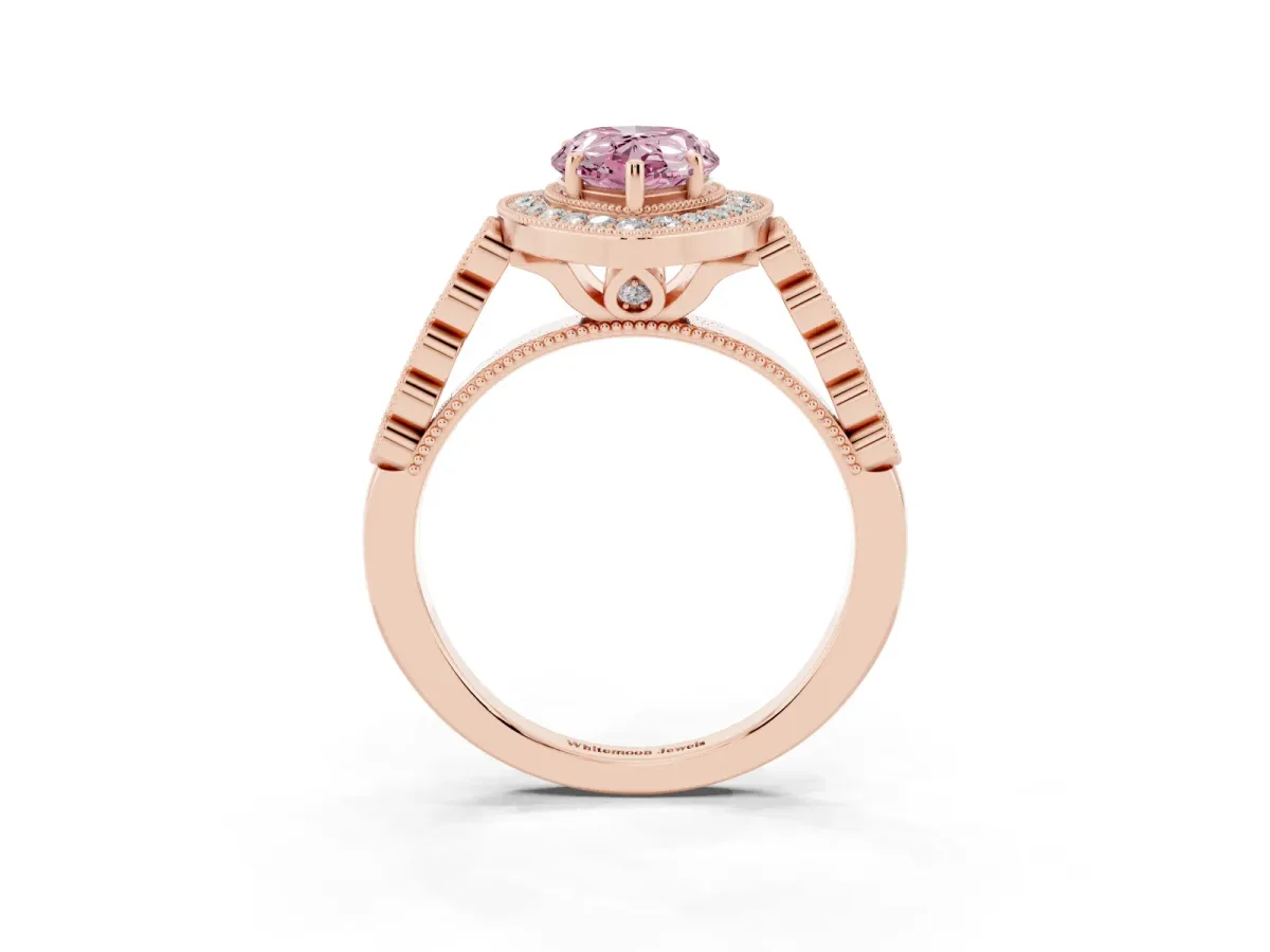 Fancy Pink Pear Cut Halo Milgrain Solitaire with Bezel Set Side Stones and Pave Band Rose gold