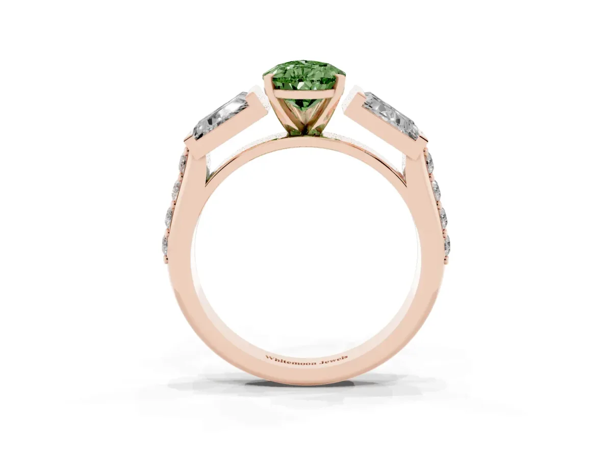 Fancy Green Pear Cut Diamond Engagement Ring with Baguette Side Stones and Channel Set Band Rose gold