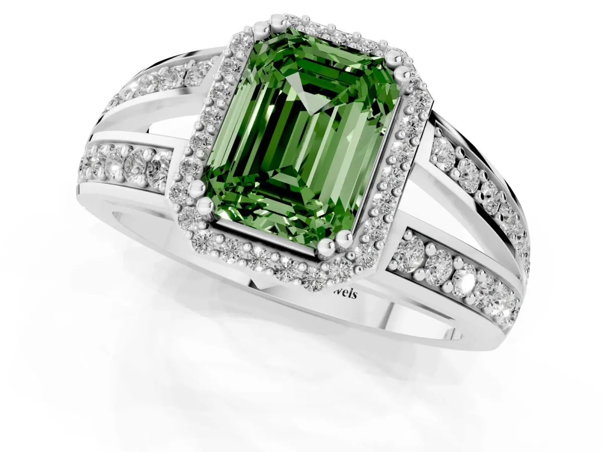 Fancy Green Emerald Cut Diamond Halo Ring with Split Shank Pavé Band and Four-Prong Setting White gold