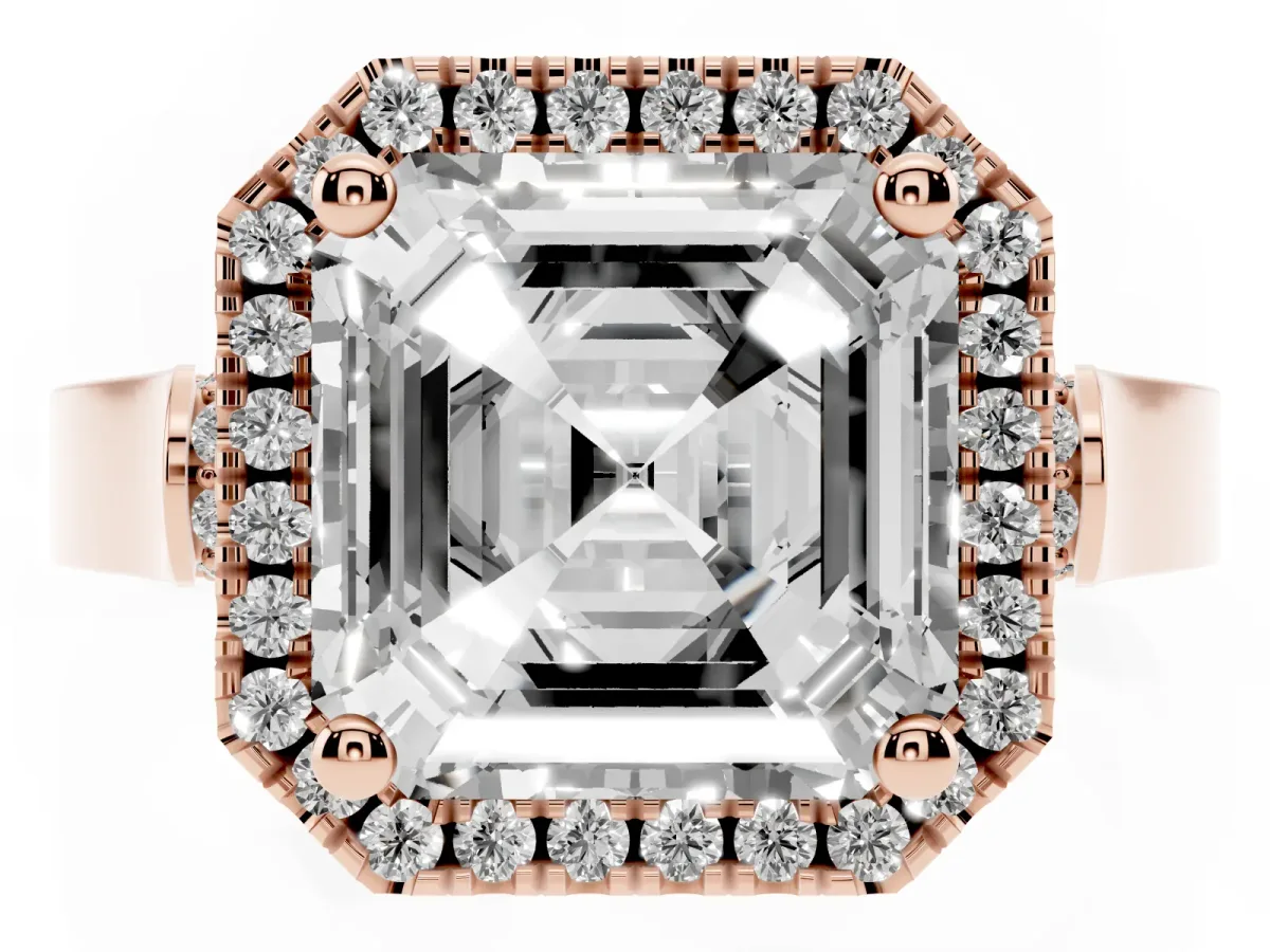 Asscher Cut Halo Pave Split Shank Prong Setting Ring Rose gold