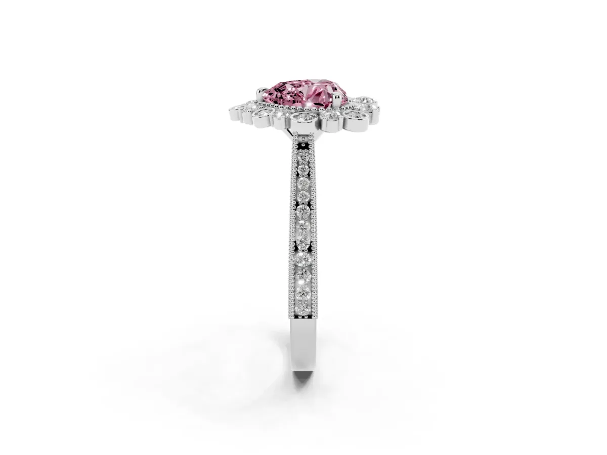 Fancy Pink Heart Cut Halo Milgrain Pave Diamond Ring with Four-Prong Setting White gold