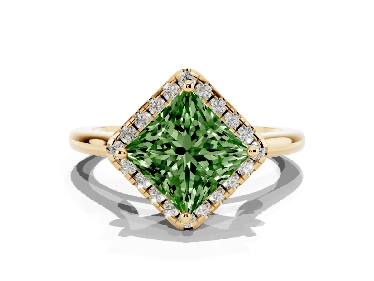 Fancy Green Princess Cut Halo Round Diamond Solitaire Engagement Ring with Pave Band and Four-Prong Setting Yellow gold