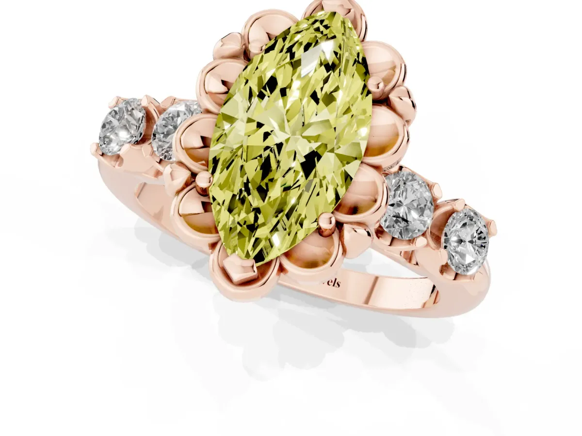 Fancy Yellow Marquise Cut Cut Diamond Floral Halo Engagement Ring with Shared Prong Setting Rose gold