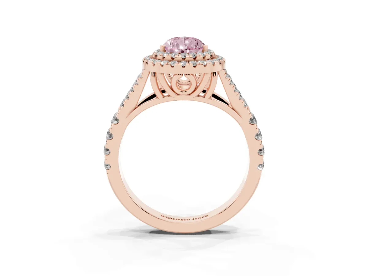 Fancy Pink Double Halo Pear Cut Diamond Split Shank Engagement Ring with Four-Prong Setting Rose gold