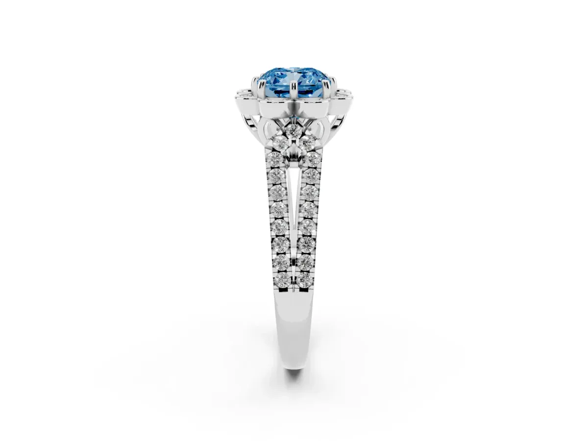 Fancy Blue Cushion Cut Halo Diamond Floral Split Shank Engagement Ring Silver