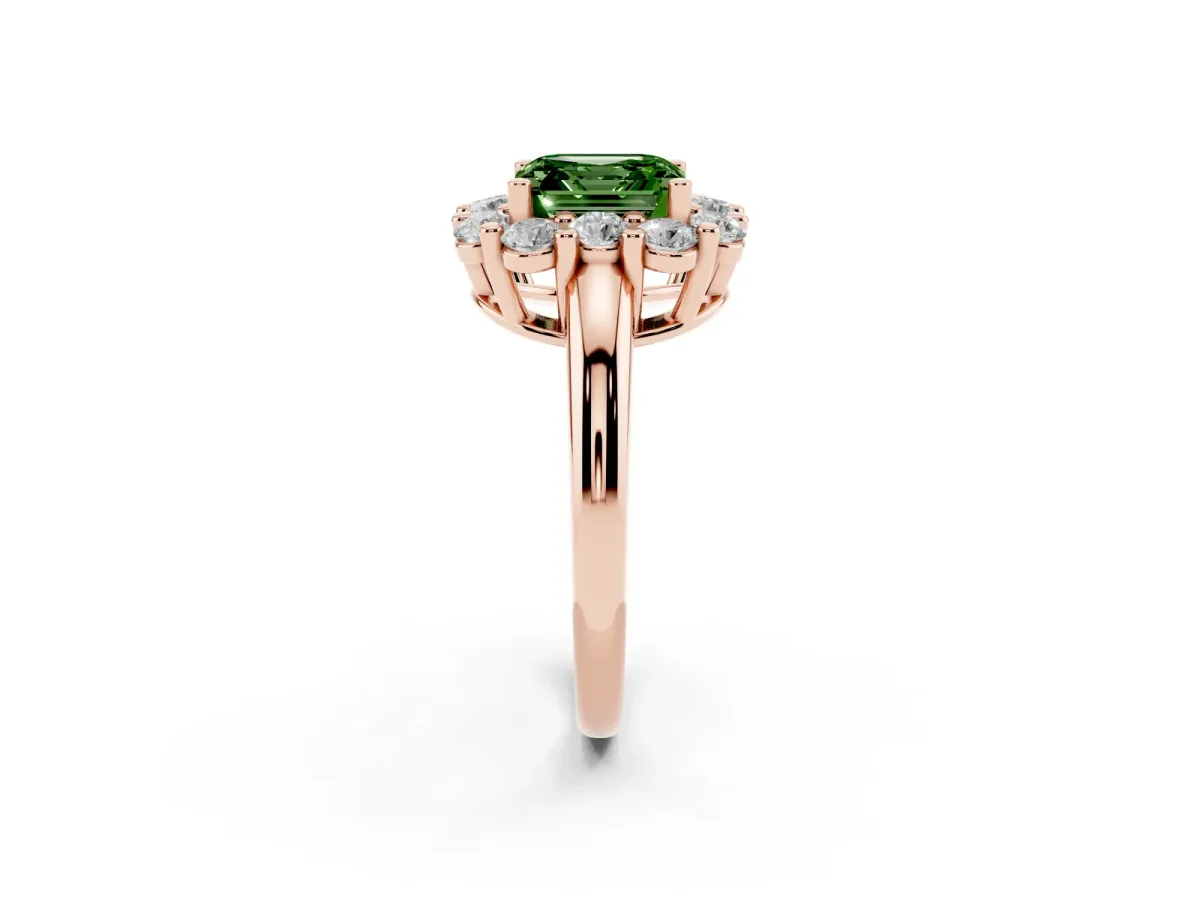 Fancy Green Asscher Cut Halo Cluster Diamond Engagement Ring with Prong Setting and Polished Band Rose gold