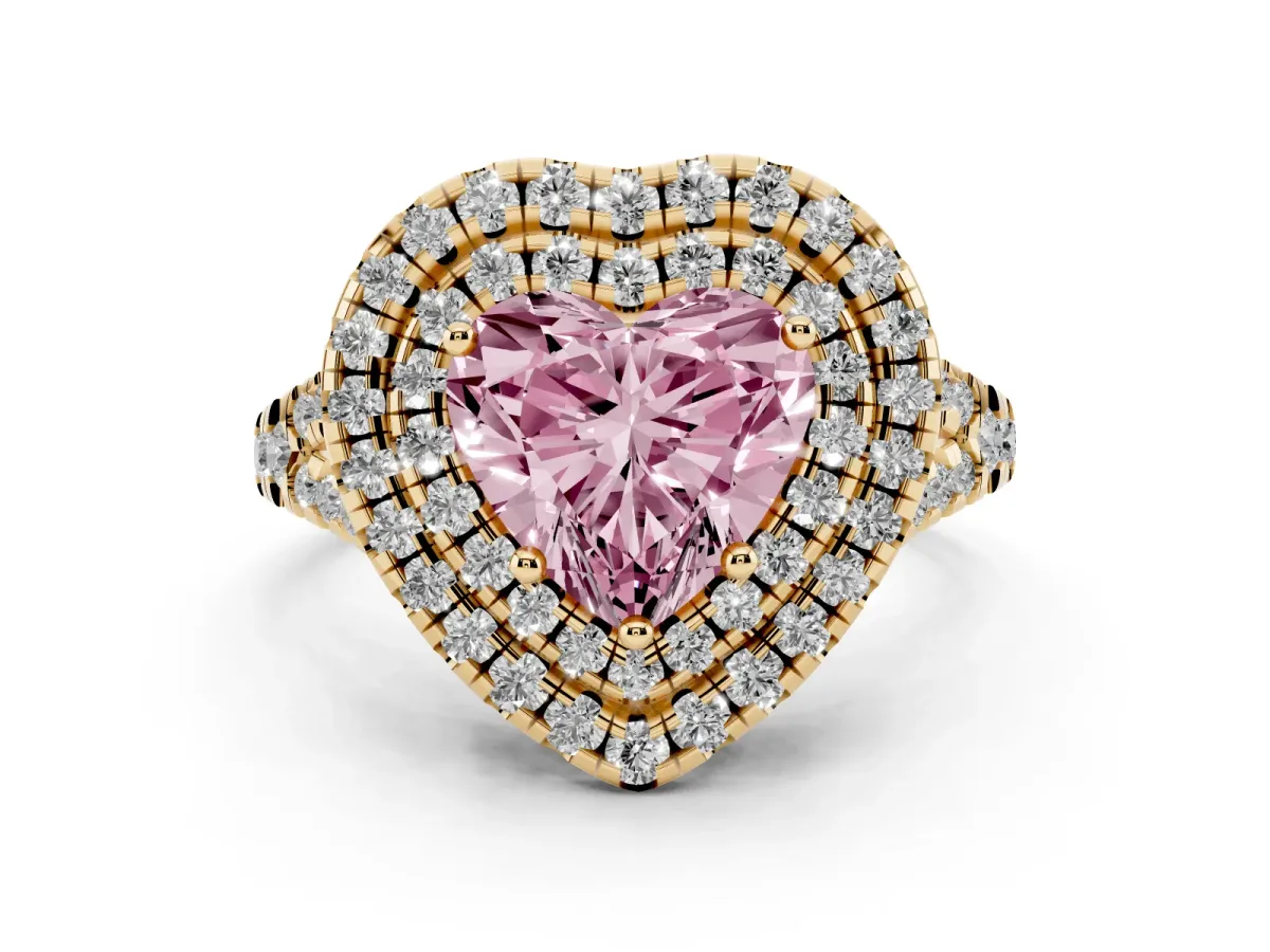 Fancy Pink Double Halo Heart Cut Diamond Pavé Split Shank Ring with Prong Setting Yellow gold