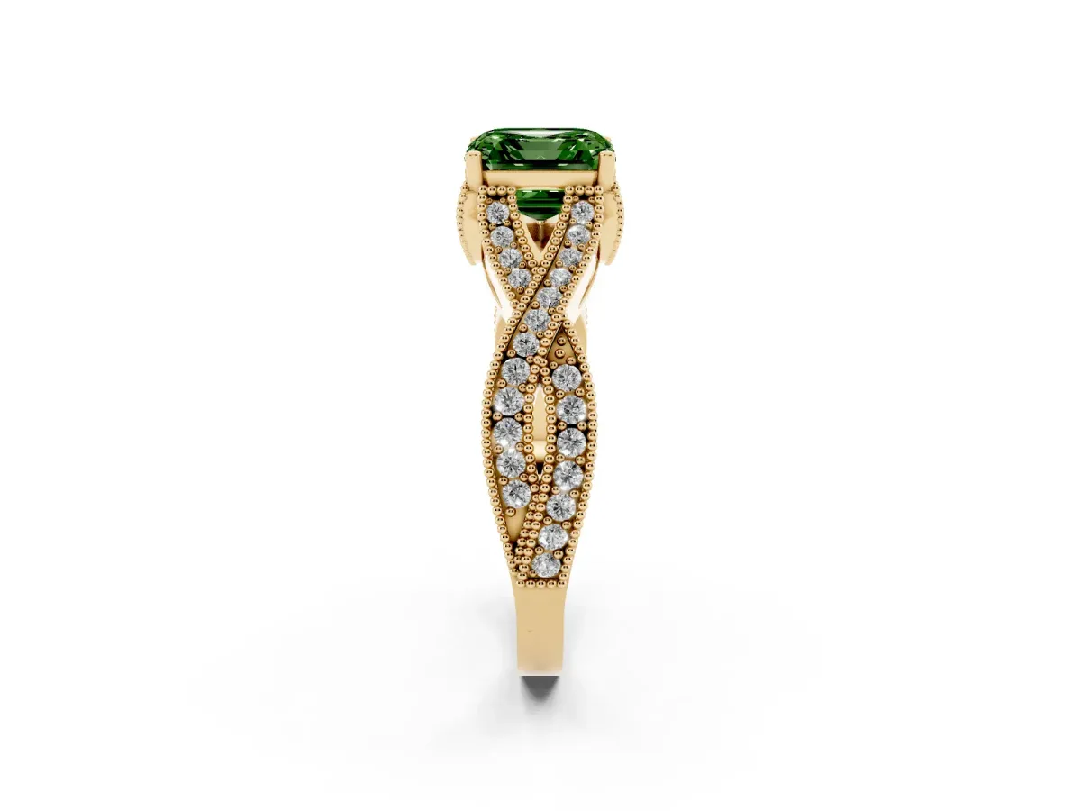 Fancy Green Asscher Cut Cut Diamond Twisted Band with Milgrain Pave Setting and Four-Prong Setting Yellow gold