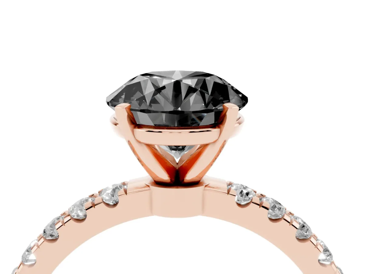 Fancy Black Round Cut Diamond Solitaire Ring with Pavé Accents and Four-Prong Setting Rose gold
