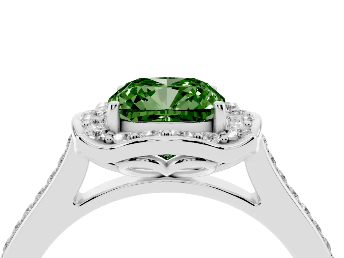 Fancy Green Cushion Cut Halo Round Diamond Pave Band with Four-Prong Setting Platinum