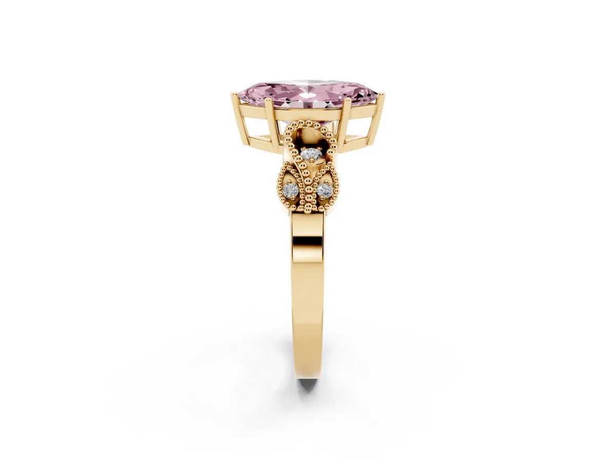 Fancy Pink Marquise Cut Solitaire Milgrain Leaf Band with Prong Setting Yellow gold