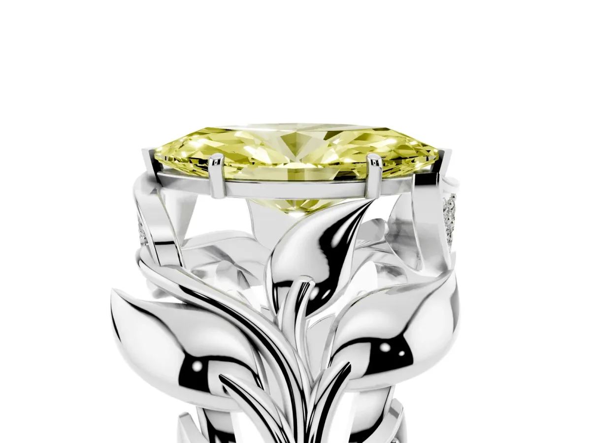 Fancy Yellow Marquise Cut Diamond Leaf-Inspired Engagement Ring with Round Accents and Prong Setting Platinum