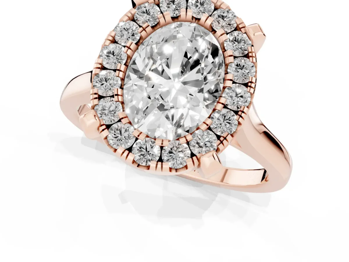 Oval Cut Diamond Cluster Halo Solitaire with Four-Prong Setting Rose gold