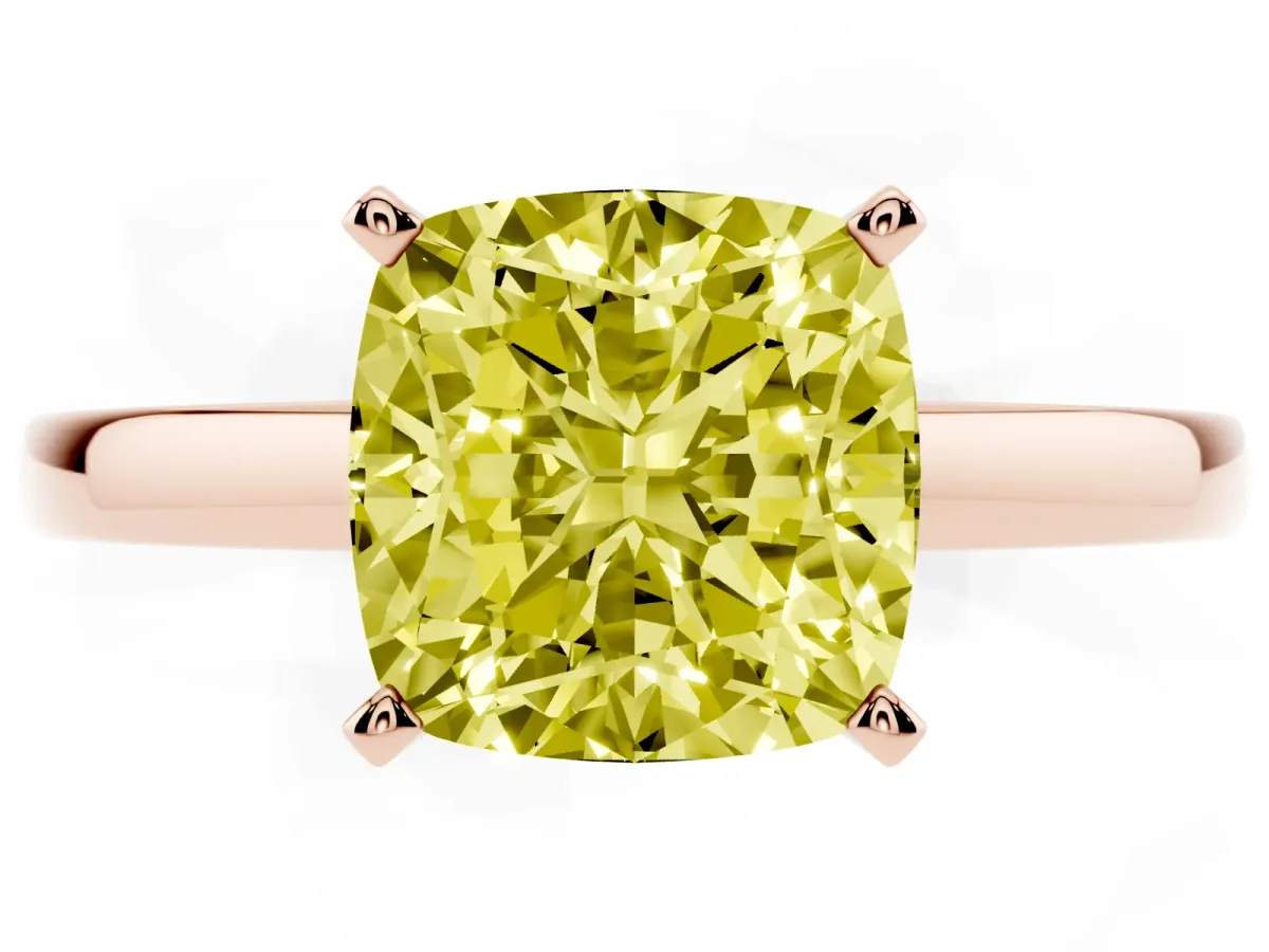Fancy Yellow Cushion Cut Solitaire Diamond Engagement Ring with Four-Prong Setting on a Classic Band Rose gold