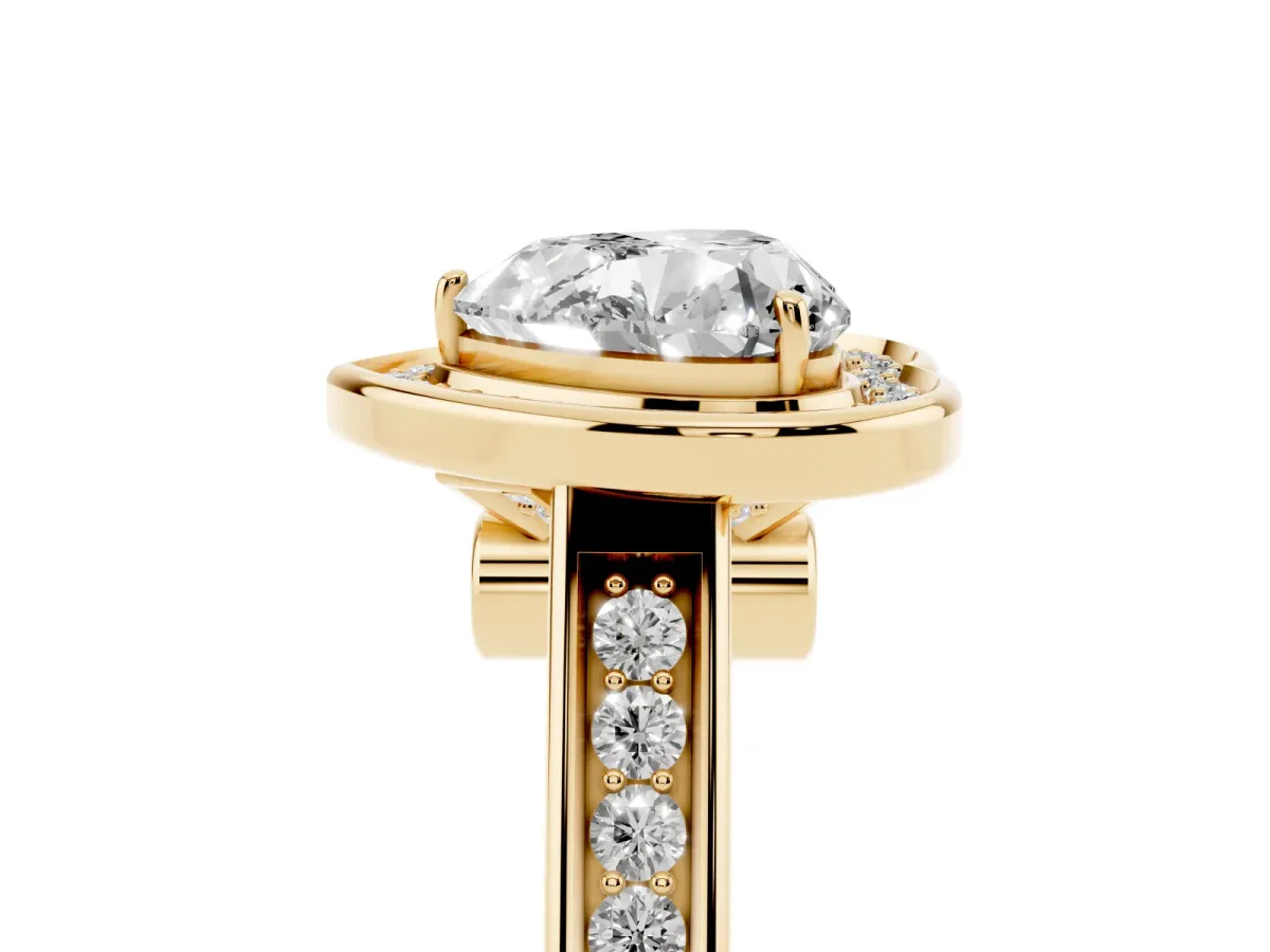 Heart Cut Halo Solitaire Diamond Ring with Pave Band and Bezel Setting Yellow gold