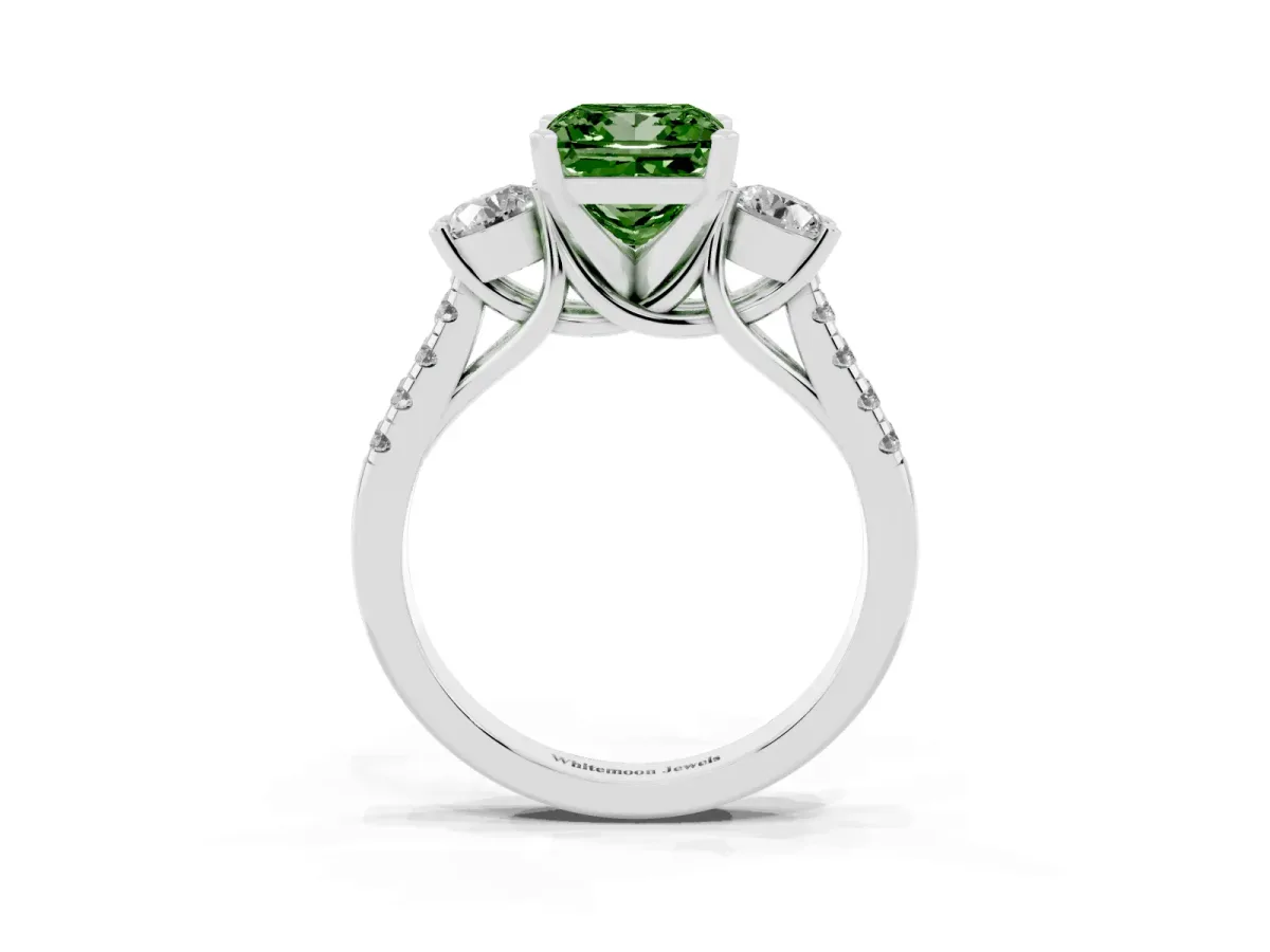 Fancy Green Three-Stone Princess Cut Diamond Pavé Band with Four-Prong Setting Silver