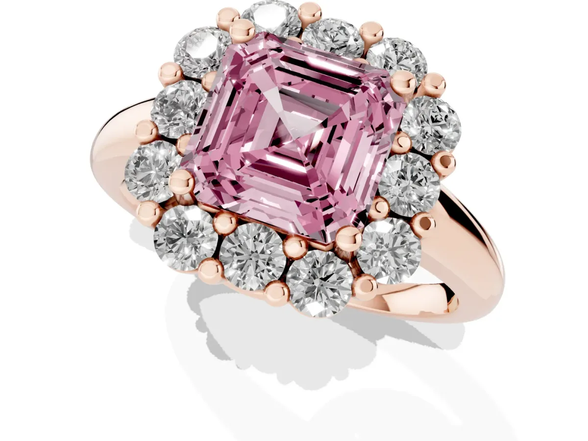 Fancy Pink Asscher Cut Halo Cluster Diamond Engagement Ring with Prong Setting and Polished Band Rose gold