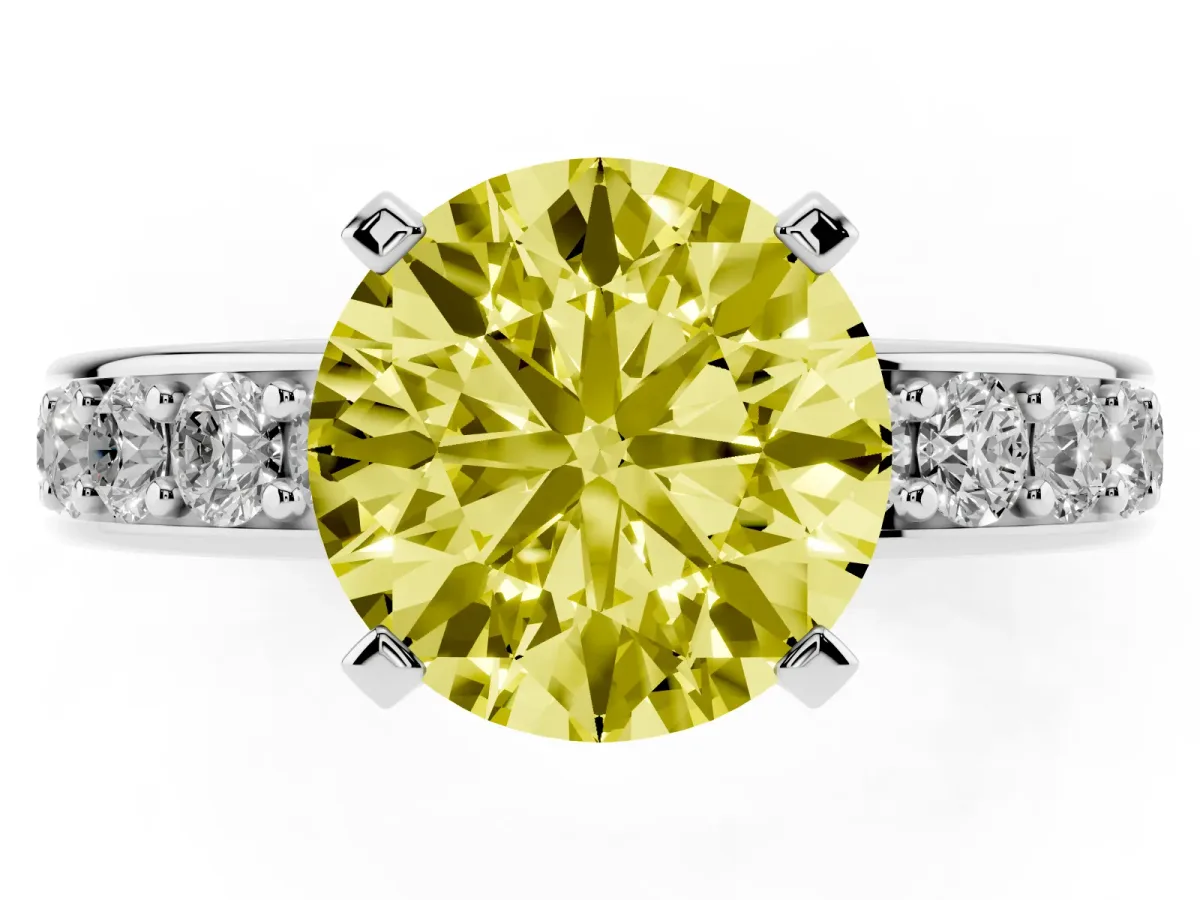 Fancy Yellow Round Cut Diamond Engagement Ring with Channel Set Round Band and Prong Setting Silver