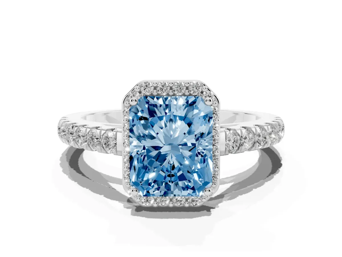 Fancy Blue Radiant Cut Cut Halo Diamond Engagement Ring with Pave Band and Four-Prong Setting Silver