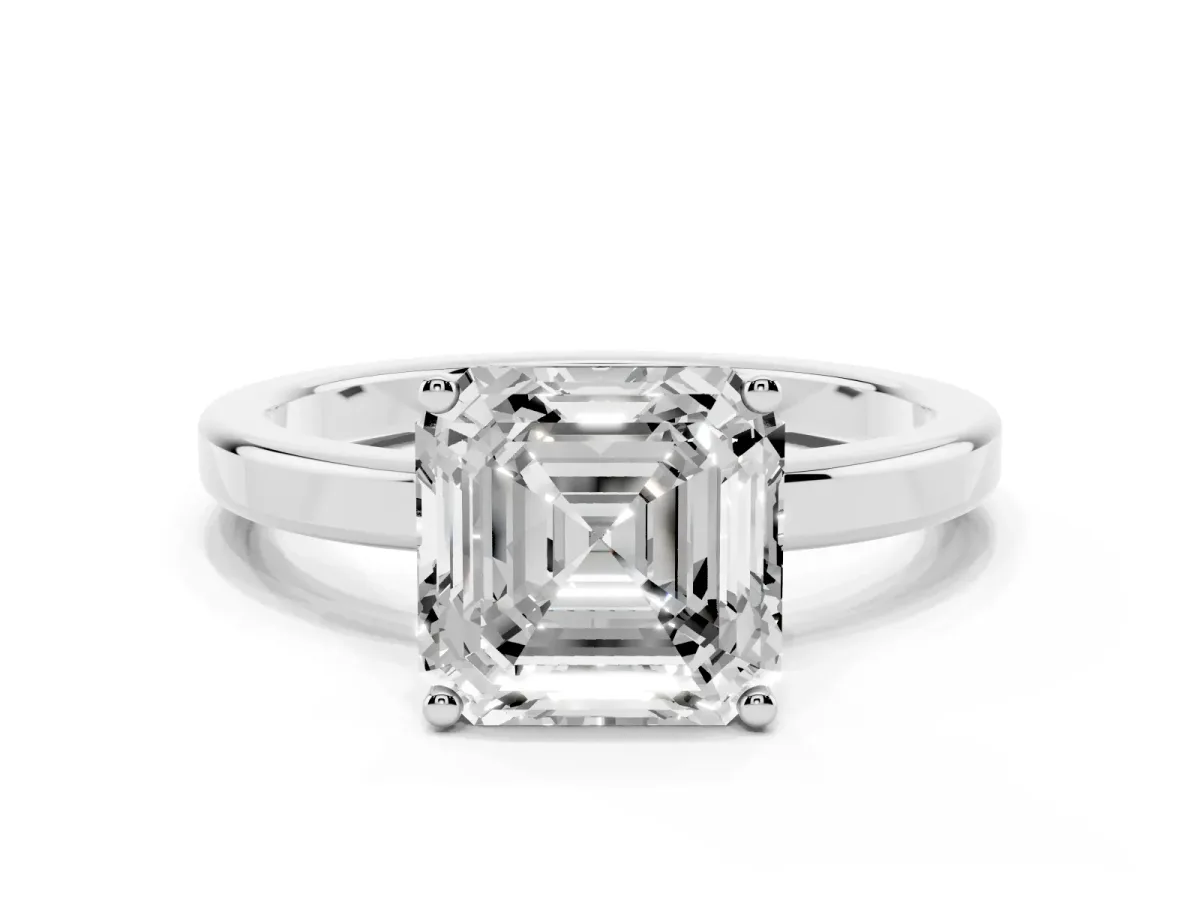 Asscher Cut Cut Solitaire Engagement Ring with Four-Prong Setting on a Classic Band Silver