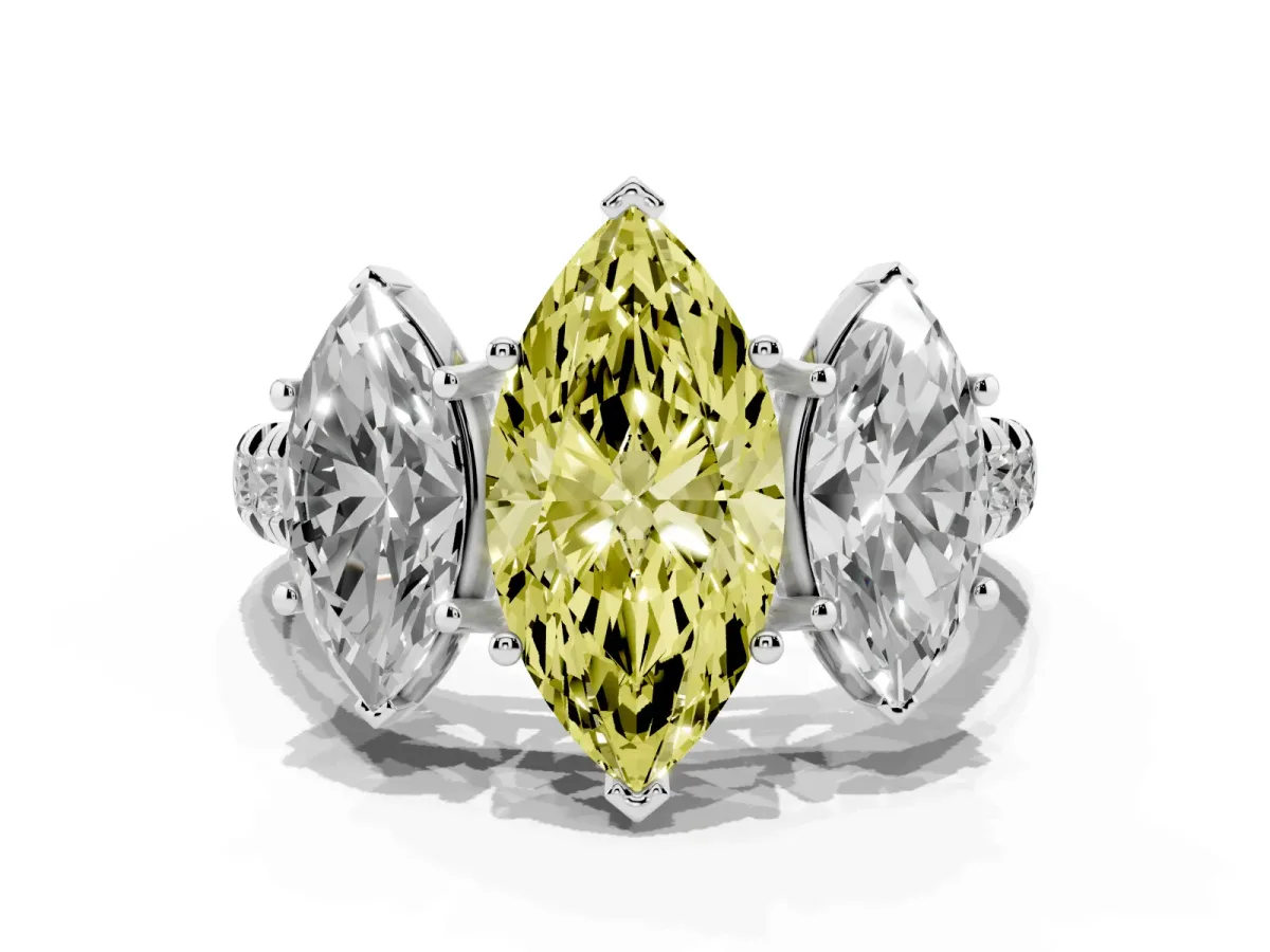Fancy Yellow Three-Stone Marquise Cut Diamond Pavé Band with Prong Setting Silver