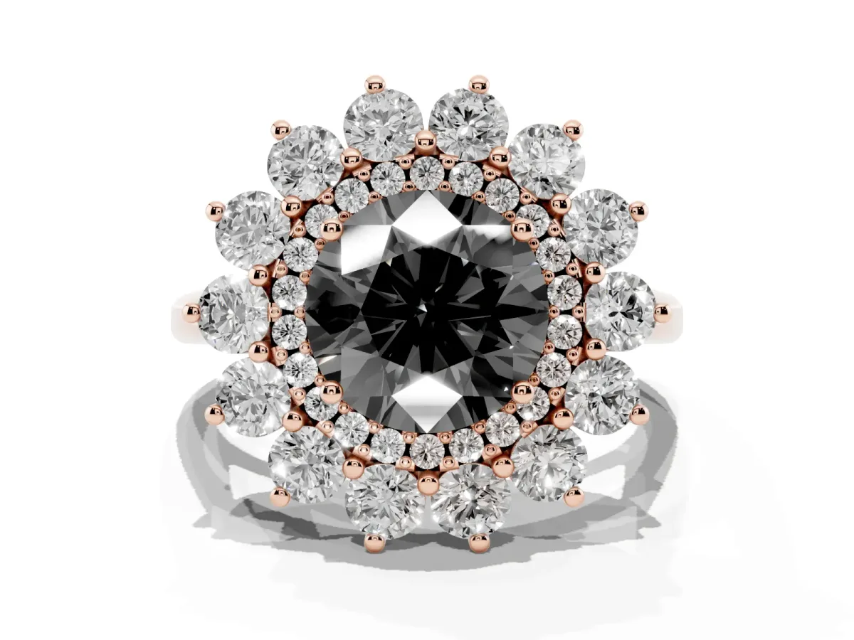 Fancy Black Round Cut Diamond Floral Double Halo Engagement Ring with Prong Setting Rose gold
