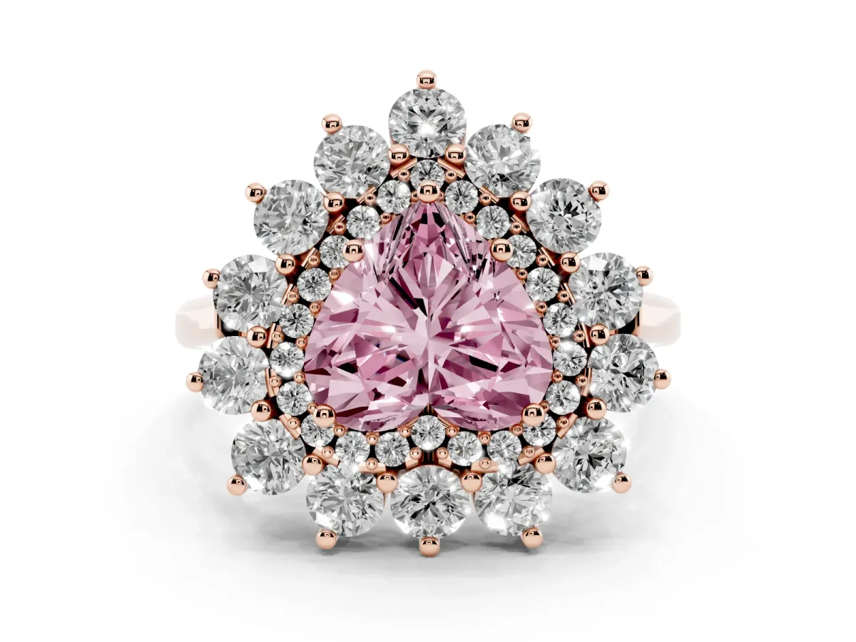 Fancy Pink Heart Cut Diamond Floral Double Halo Engagement Ring with Prong Setting Rose gold