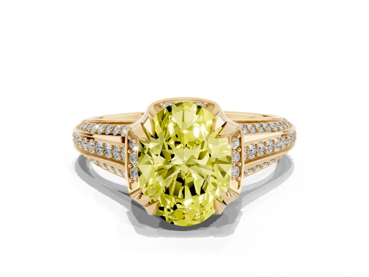 Fancy Yellow Oval Cut Solitaire Pave Split Shank Ring with Four-Prong Setting Yellow gold