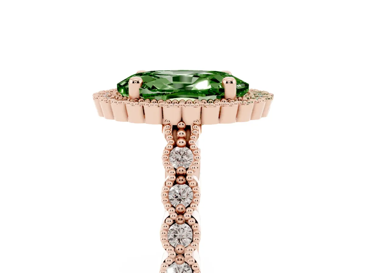Fancy Green Oval Cut Cut Halo Pavé Solitaire Ring with Milgrain Band Rose gold