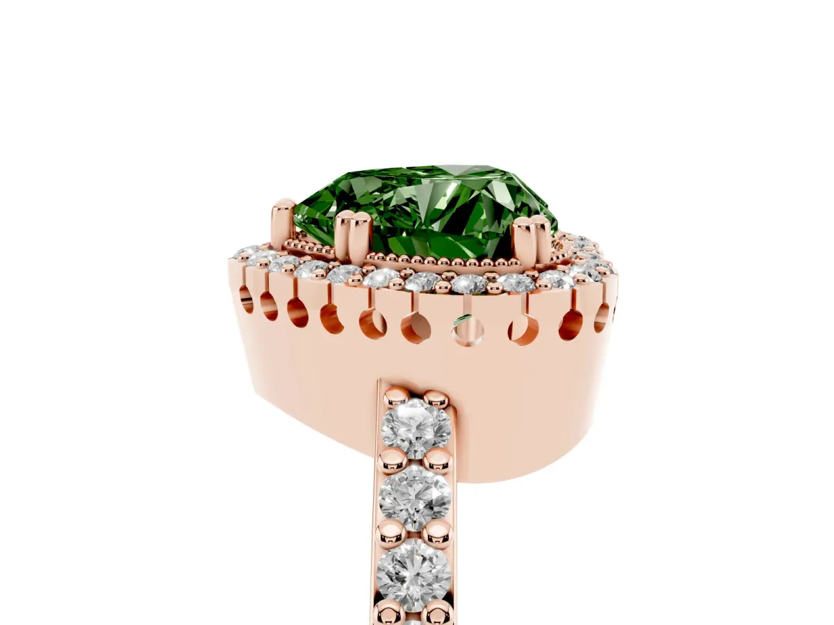 Fancy Green Heart Cut Cut Diamond Halo Engagement Ring with Milgrain Detail and Pavé Band Rose gold