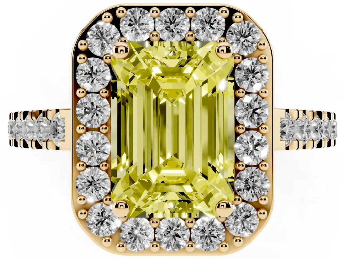 Fancy Yellow Emerald Cut Diamond Halo Ring with Round Pavé Split Shank and Prong Setting Yellow gold