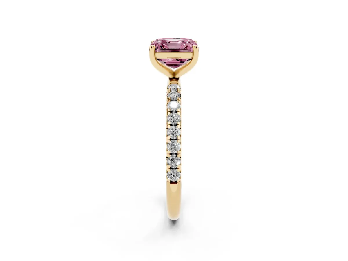 Fancy Pink Asscher Cut Cut Diamond Solitaire Ring with Micro Pave Band and Four Prong Setting Yellow gold