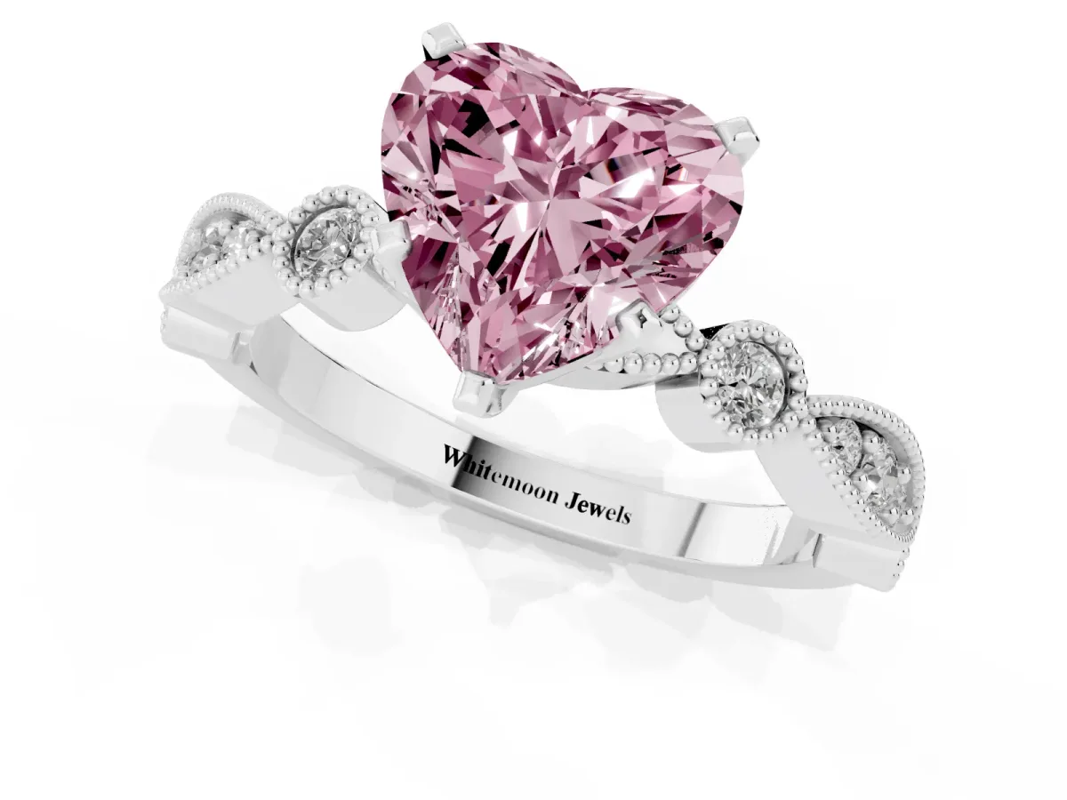 Fancy Pink Heart Cut Milgrain Bezel Diamond Engagement Ring with Solitaire Prong Setting Silver
