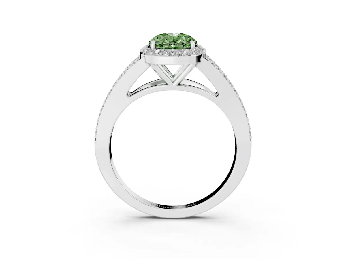 Fancy Green Oval Cut Halo Split Shank Diamond Ring with Prong Setting Silver