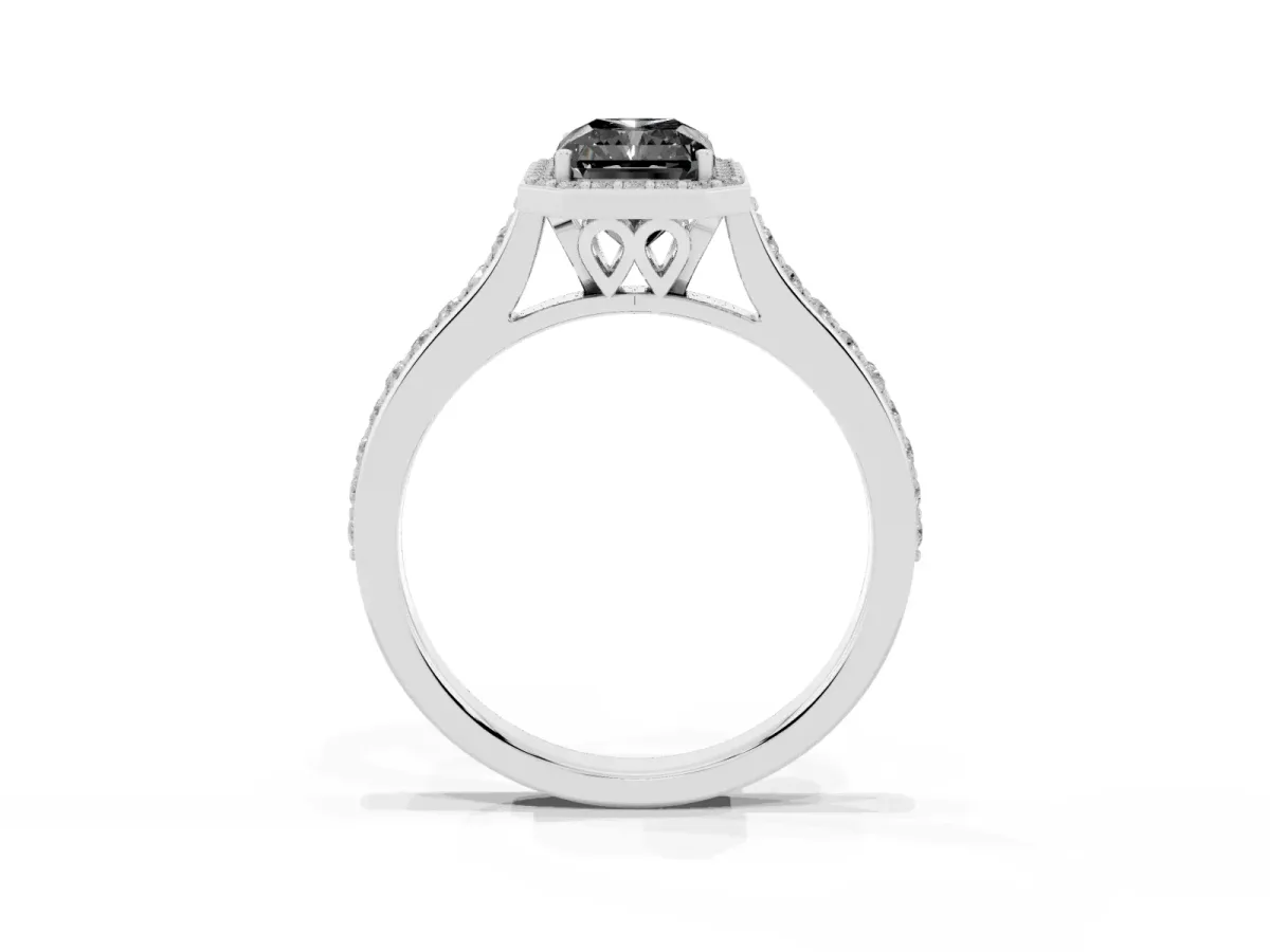 Fancy Black Radiant Cut Diamond Halo Engagement Ring with Round Pavé Shoulders and Prong Setting Platinum
