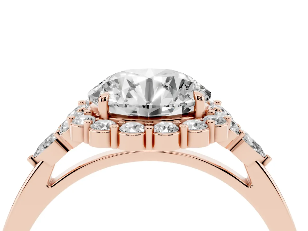 Round Cut Diamond Halo Ring with Pear Side Stones and Prong Setting Rose gold